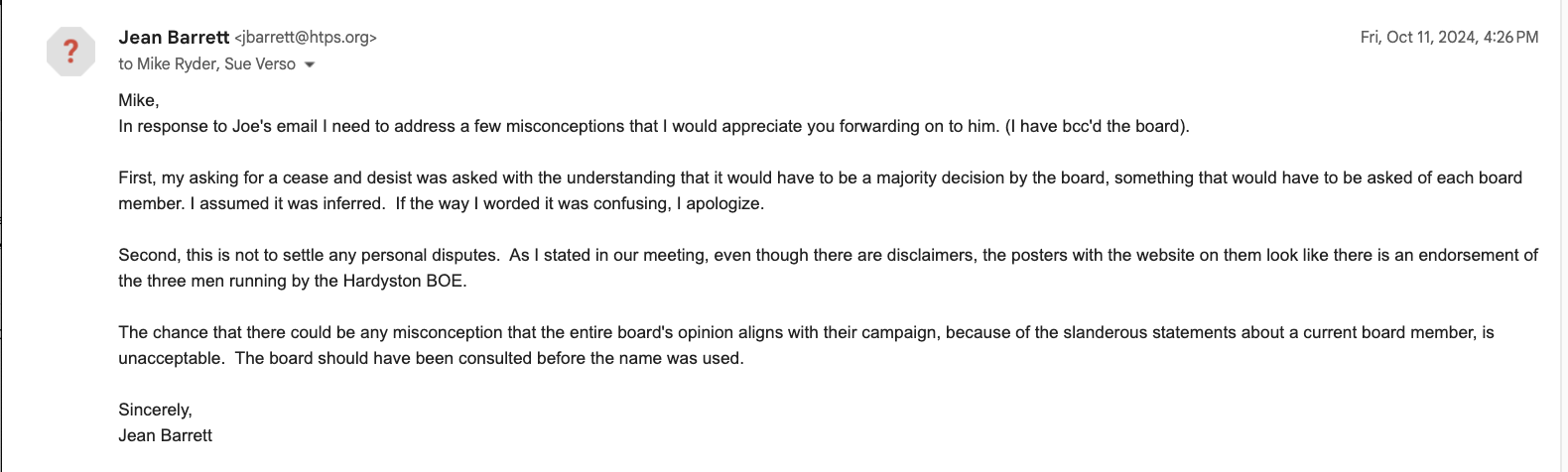 Jean Barrett's Legal Request